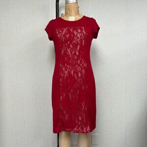EUC Signature Collection Lace Front Illusion Body Con Red Dress Medium